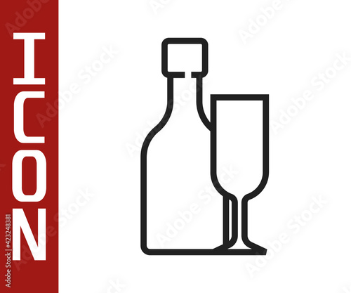 Black line Wine bottle with glass icon isolated on white background. Vector