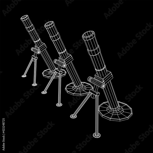 Firearm weapon army mortar and mine. Wireframe low poly