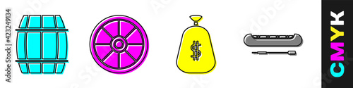 Set Wooden barrel, Old wooden wheel, Money bag and Kayak or canoe and paddle icon. Vector