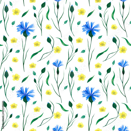Watercolor hand-painted floral seamless pattern. Wild flowers