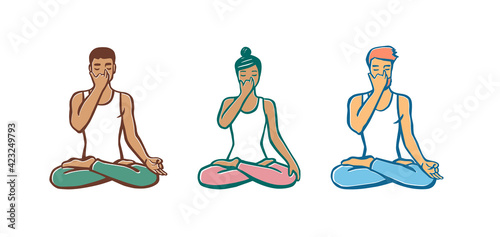 Set of people in cross-legged pose practicing breathing exercise. Nadi shodhana Pranayama technique. Calligraphy inscription. Vector illustration for logotype, poster, magazine, t-shirt photo