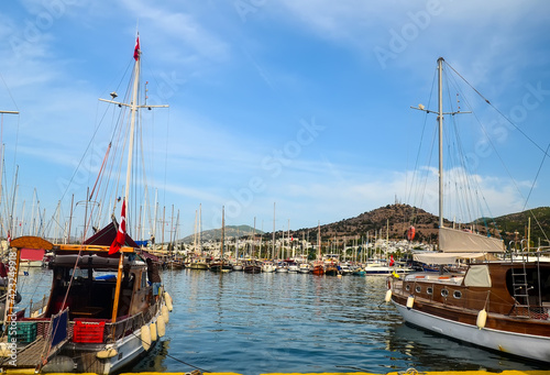 Yachts anchored at Akyarlar marina in Turgutreis, Bodrum, Turkey.Bodrum Peninsula is one of the most summer destinations of Turkey located between the Aegean and Mediterranean Seas.