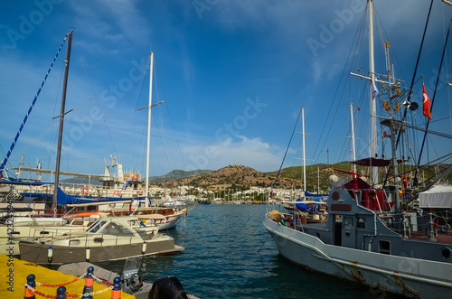 Yachts anchored at Akyarlar marina in Turgutreis, Bodrum, Turkey.Bodrum Peninsula is one of the most summer destinations of Turkey located between the Aegean and Mediterranean Seas. photo