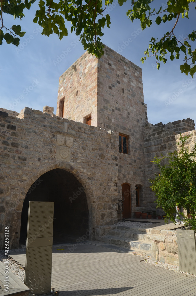 Tower with enterance in Bodrum castle. Bodrum Castle marina view Kalesi, located in Bodrum, was built in 1402 onwards, by the Knights of St John as the Castle of St. Peter or Petronium