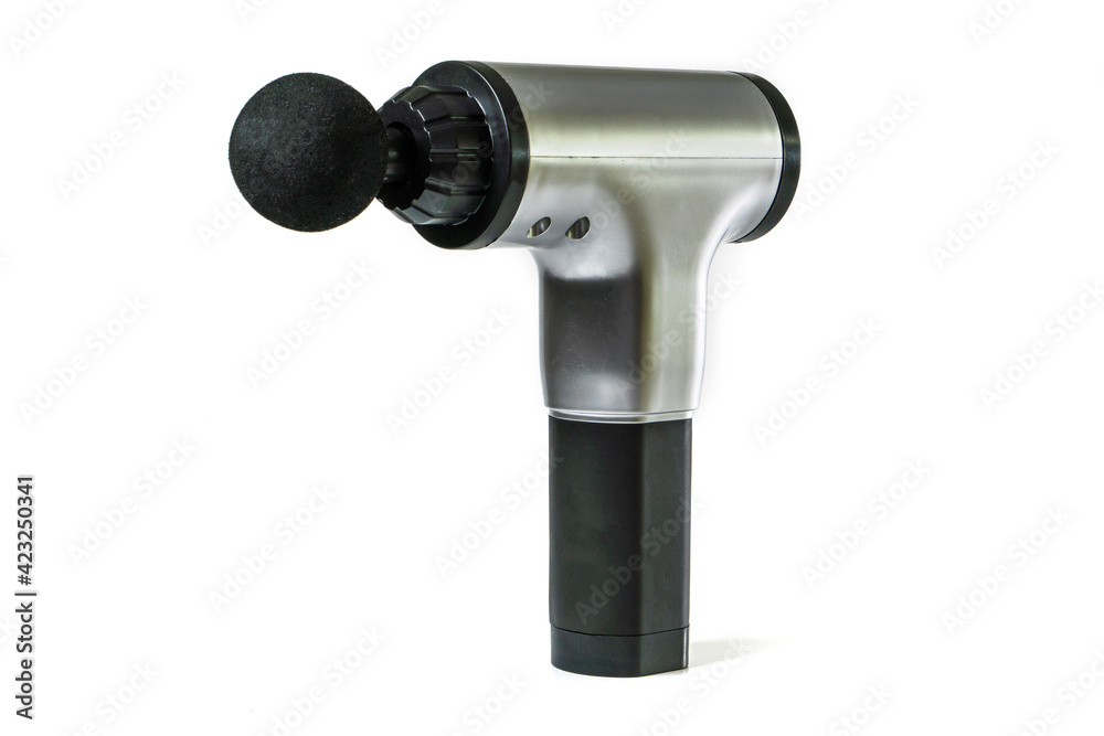 Massage gun. Handheld cordless professional percussion on a white background. Sport physical therapy concept. Massage gun. Handheld cordless professional percussion on a white background. Sport physical therapy concept.