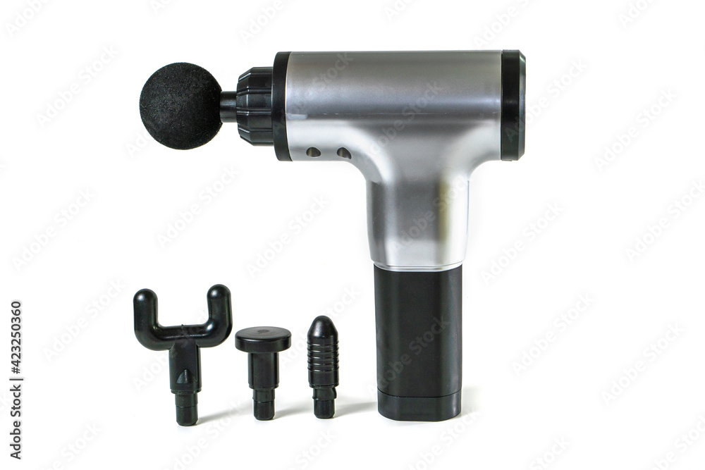 Massage gun. Handheld cordless professional percussion on a white background. Sport physical therapy concept. Massage gun. Handheld cordless professional percussion on a white background. Sport physical therapy concept.
