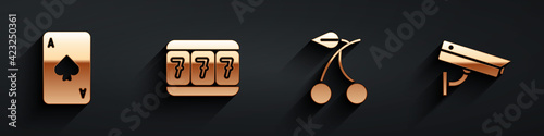 Set Playing card with spades, Slot machine with lucky sevens, Casino slot machine with cherry and Security camera icon with long shadow. Vector