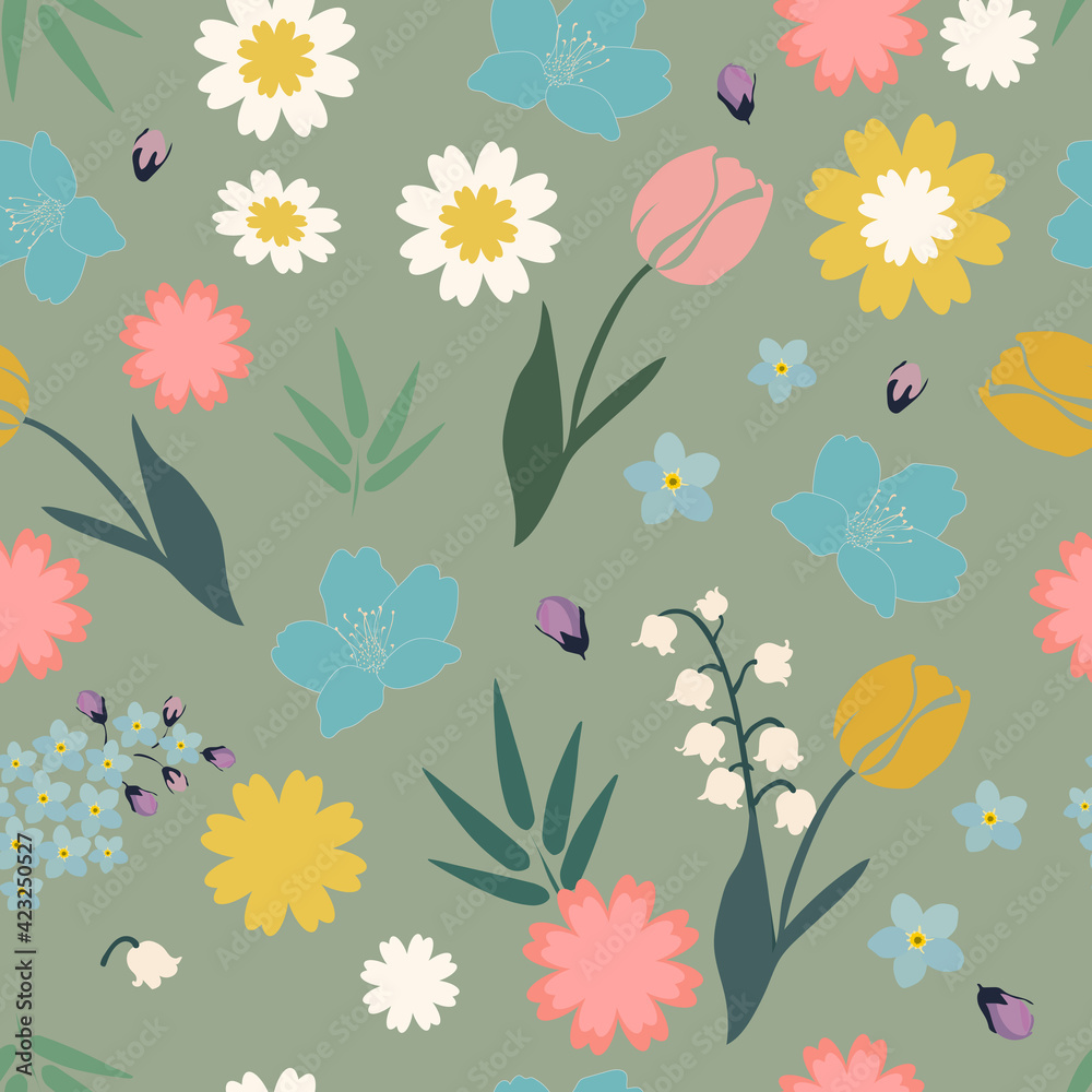 Spring flowers on a green background. Seamless floral pattern for fabrics, textiles, wrapping paper. Fashionable milflers. 
