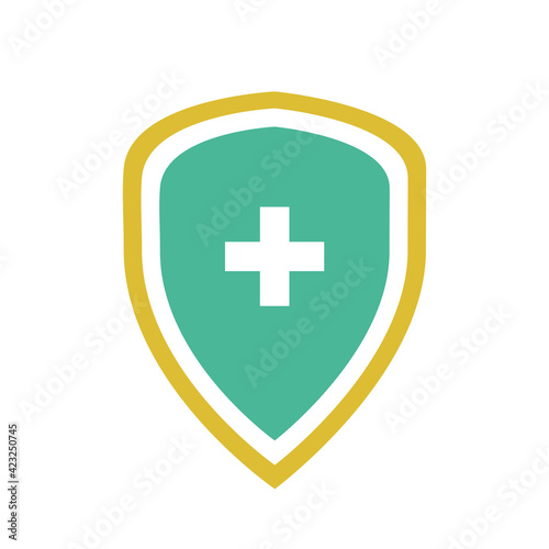 Turquoise medical health protection shield with cross. Vector illustration in a simple flat style with medical protection concept. Perfect as an icon on a website or social networks