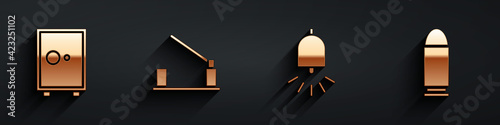 Set Safe, Parking car barrier, Ringing alarm bell and Bullet icon with long shadow. Vector