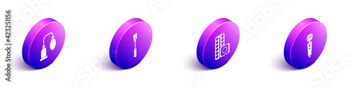 Set Isometric Penis pump, Leather whip, Birth control pills and condom and Dildo vibrator icon. Vector