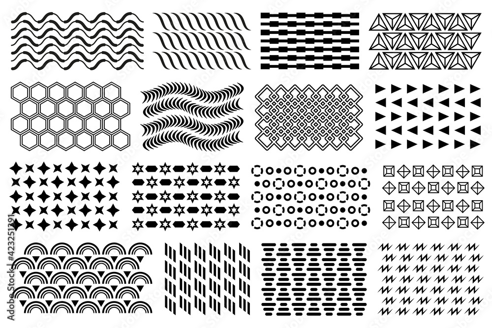 Memphis pattern. Black memphis mosaic pattern set. Black flat geometric design elements, patterns for posters, brochures, flyers etc.