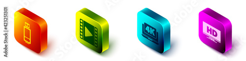 Set Isometric USB flash drive, Play Video, Laptop with 4k video and Smart display with HD video icon. Vector