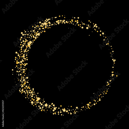 Gold glitter confetti on black background, frame. Zen. Scattered with shiny particles, sand. Decorative element. Luxury background for your design, greeting cards, invitations, vector