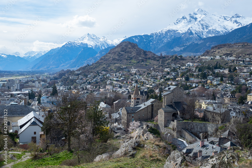 Obraz premium Panorama view from chateau de valere over the city of sion, switzerland