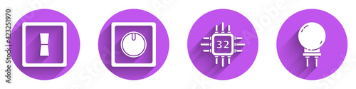 Set Electric light switch, Electric light switch, Processor with microcircuits CPU and Light emitting diode icon with long shadow. Vector