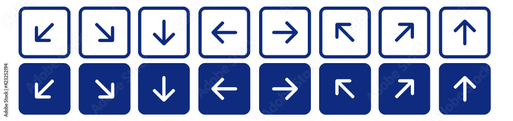 Set of 16 navy blue arrow icons. Set of 16 navy blue arrow icons.