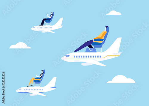 Social distancing on aircraft. Concept of new normal travel. Flat vector.