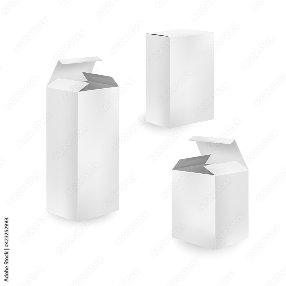 High white cardboard box mockup. Set of realistic vertical tall cardboard rectangular cosmetic or medical packaging, paper boxes. High white cardboard box mockup. Set of realistic vertical tall cardboard rectangular cosmetic or medical packaging, paper boxes.