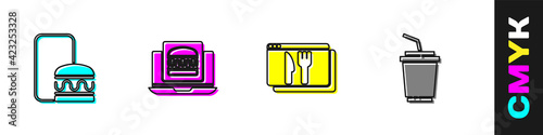 Set Online ordering and delivery, burger, and Paper glass with water icon. Vector