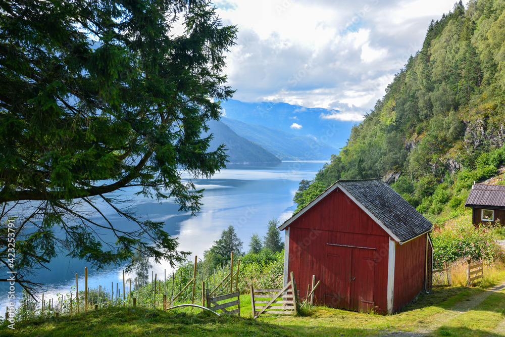 Hardangerfjord bei Ulvik in Norwegen mit Fischerhütte, Panoramablick mit Haus Hardangerfjord bei Ulvik in Norwegen mit Fischerhütte, Panoramablick mit Haus