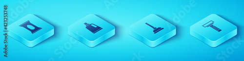 Set Isometric Wet wipe pack, Bottle for cleaning agent, Shaving razor and Rubber plunger icon. Vector
