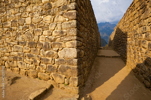 View of Machu Picchu - the Lost City of the Incas - located in the Vilcanota mountain range in south-central Peru.  