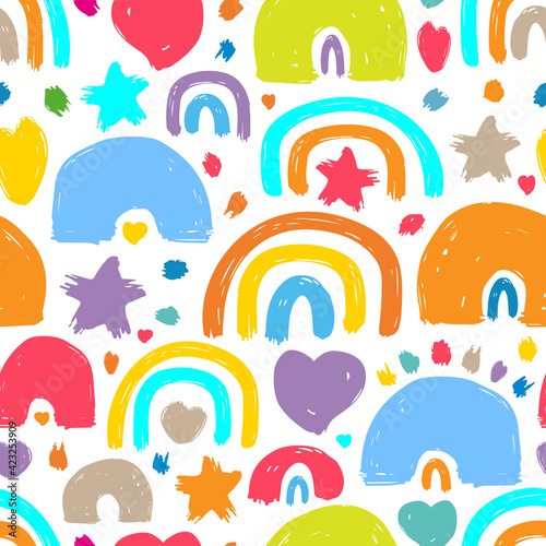 Beautiful bright colorful rainbows and hearts isolated on white background. Childish cute seamless pattern. Vector simple flat graphic hand drawn illustration. Texture.