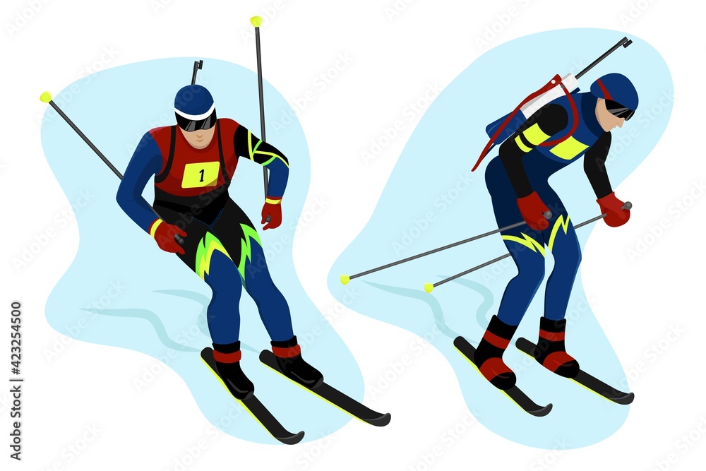 Obraz premium ..Set Biathlete in gear goes skiing and helping himself with sticks, ..Winter sports, vector character in flat style.