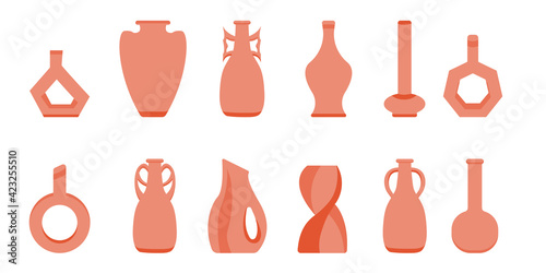 Hand Draw Pottery Vase, Clay Crockery and Pots. Trendy Collage for Decoration in Ecological Style.