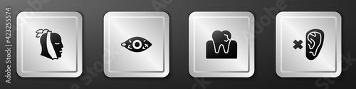 Set Toothache, Reddish eye, with caries and Deaf icon. Silver square button. Vector