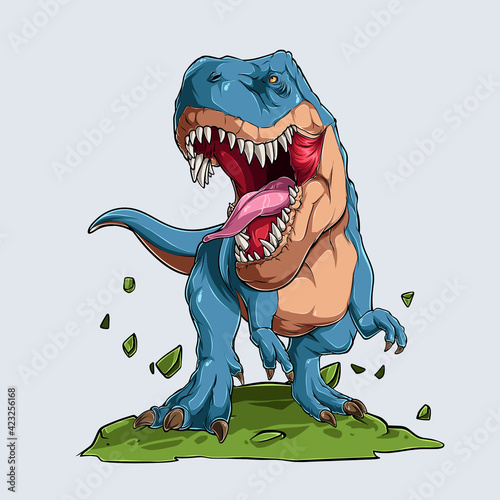 Blue angry Tyrannosaurus T Rex, Dinosaur Monster, Blue roaring tyrannosaurus. Prehistoric carnivorous dinosaur.	 photo