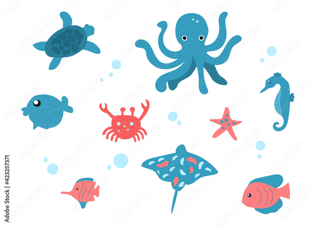 Vector set of sea creatures on white background. Isolated objects for decoration, prints, packages. etc Vector set of sea creatures on white background. Isolated objects for decoration, prints, packages. etc