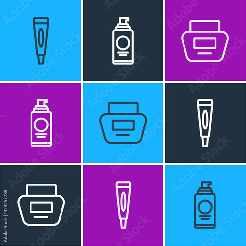 Set line Cream or lotion cosmetic tube, and Spray can for hairspray icon. Vector