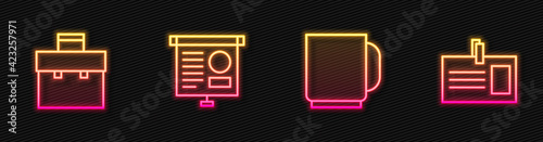 Set line Coffee cup, Briefcase, Chalkboard with diagram and Identification badge. Glowing neon icon. Vector