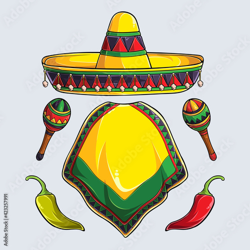 Hand drawn Cinco de mayo elements, Sombrero, Poncho, Maracas and Pepper