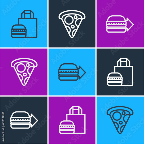 Set line Online ordering burger delivery, and Slice of pizza icon. Vector