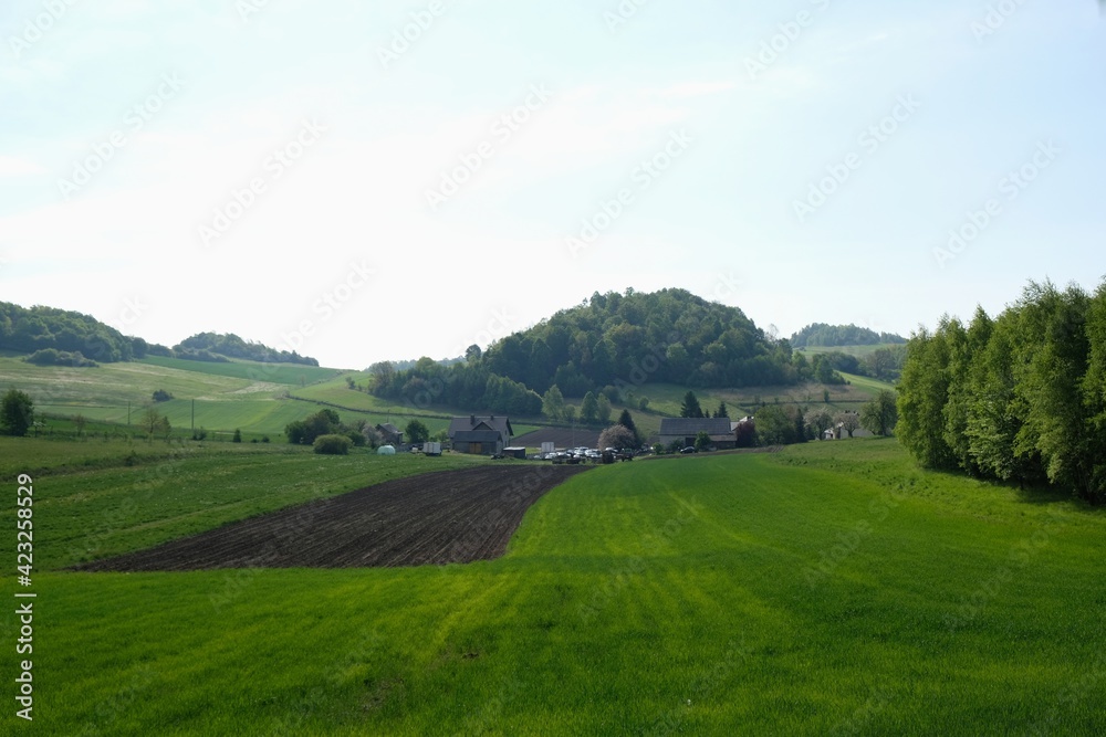 Beautiful rural views - farm and fields on hills in sunny spring day. Polish countryside, Cracow-Czestochowa Upland, Silesia, Poland.