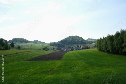 Beautiful rural views - farm and fields on hills in sunny spring day. Polish countryside, Cracow-Czestochowa Upland, Silesia, Poland.