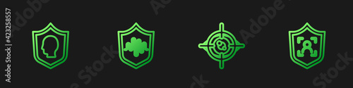 Set line Eye scan, User protection, Shield voice recognition and face. Gradient color icons. Vector