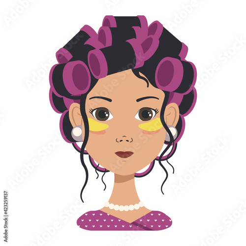 Avatars with different emotions. Girl with pink curlers and yellow patches. Fashion avatar in flat vector art