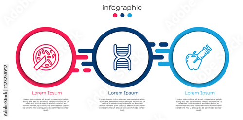 Set line Petri dish with bacteria, DNA symbol and Genetically modified apple. Business infographic template. Vector