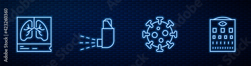 Set line Virus, Lungs x-ray, Inhaler and Eye test chart. Glowing neon icon on brick wall. Vector