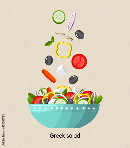 Greek salad on a plate with green lettuce leaves. flat vector illustration isolated on white background