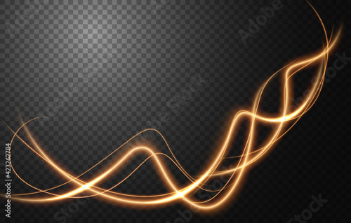 Abstract light speed motion effect, gold light trail. Vector Illustration
