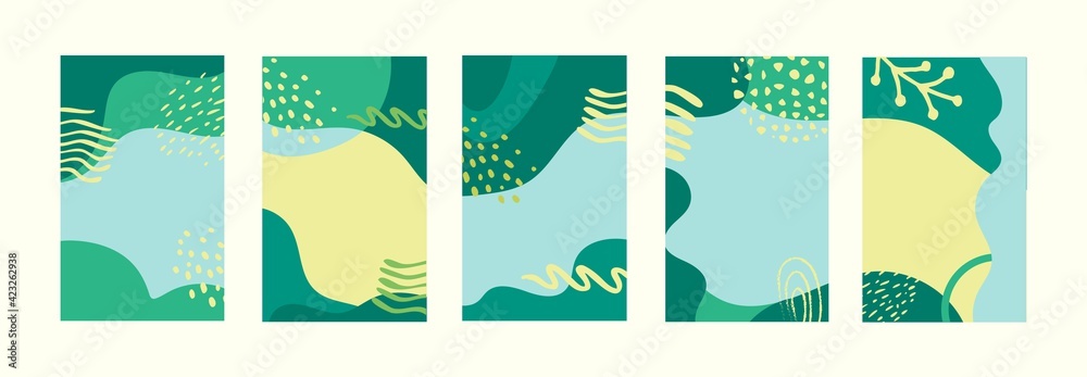 Set of abstract spring backgrounds. Isolated vector illustrations in shades of green.