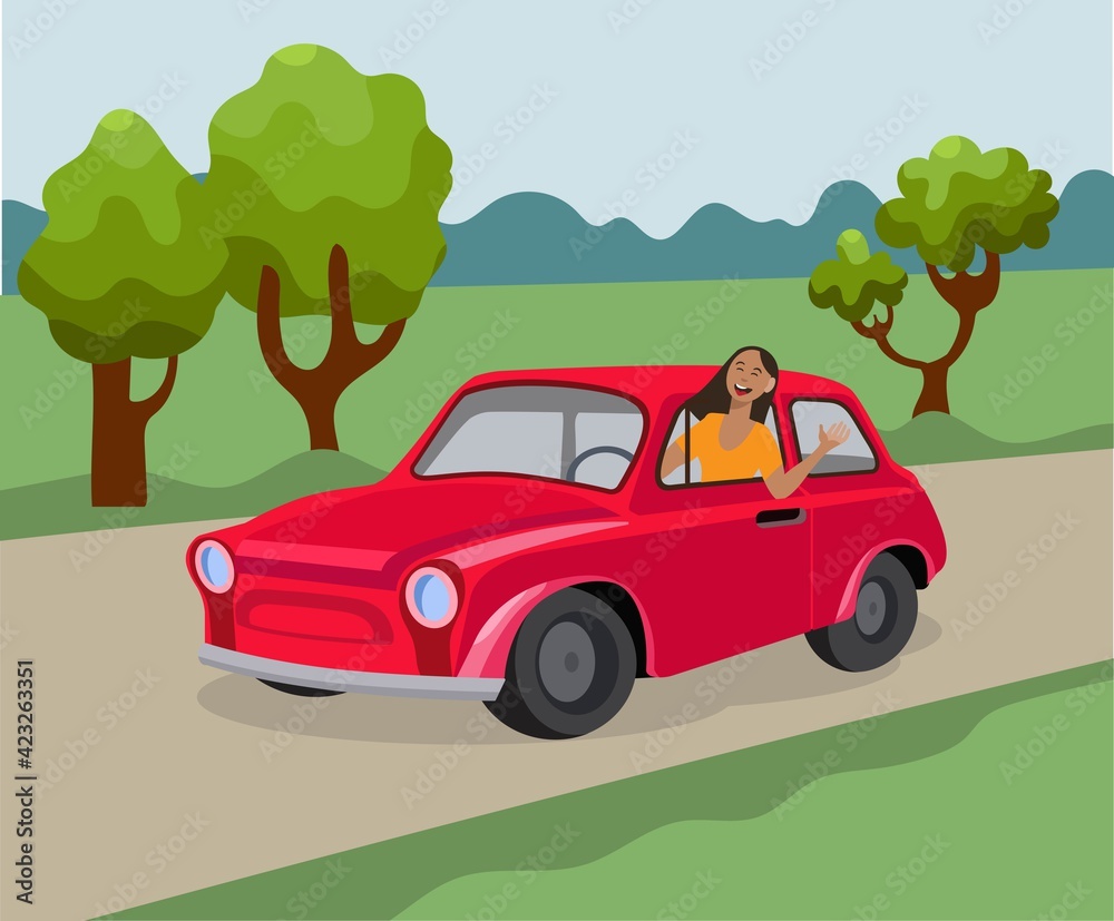 Girl driver on a red car. Flat style illustration.