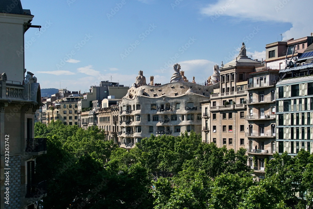 Top view on Gracia avenue with luxurious buildings in Barcelona city
