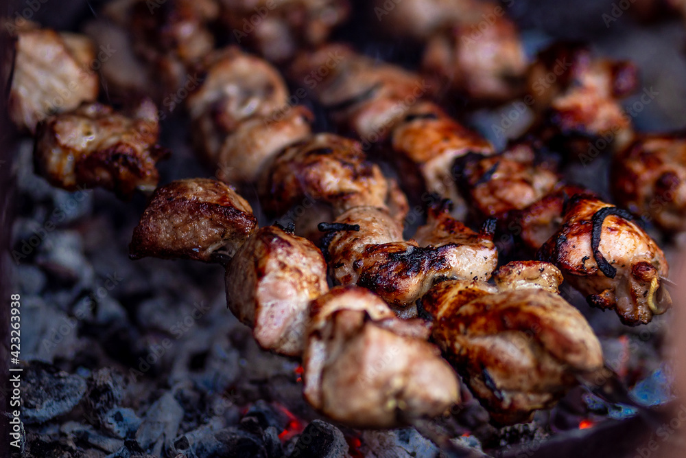 Fresh shish kebab on skewers is fried on the grill. Grilled meat on skewers. Fresh shish kebab on skewers is fried on the grill. Grilled meat on skewers.
