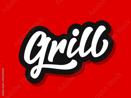 Vector illustration of Grill logo with hand sketched lettering isolated on red background. Design concept, template, element